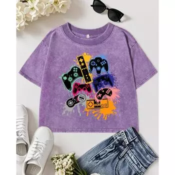 Женская хлопковая футболка с принтом граффити игровой консоли, вываренная, укороченная, модная, многоцветная одежда, мягкие топы на каждый день M