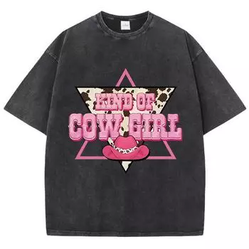 Женская хлопковая футболка с принтом «Ковбойка», розовая, с принтом шляпы, с круглым вырезом, оверсайз, с кислотной стиркой, летний топ S
