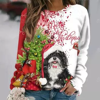 Женская хлопковая футболка с принтом Pet Puppy, рождественская одежда для дам, осенняя женская праздничная блузка большого размера с круглым вырезом и длинными рукавами 4XL