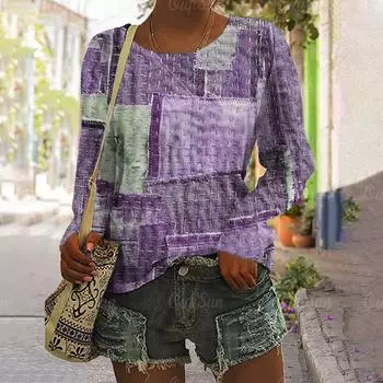 Женская хлопковая футболка с принтом в стиле пэчворк в винтажном стиле с круглым вырезом и длинными рукавами в стиле Харадзюку, женская свободная женская одежда S