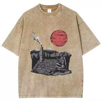 Женская хлопковая футболка с принтом «Японский череп и закат» из города, свободного покроя, со средним рукавом, повседневная, простая, модная S