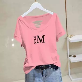 Женская хлопковая футболка с V-образным вырезом, короткими рукавами и ажурной отделкой, больших размеров, для похудения, для лета 2024 4XL