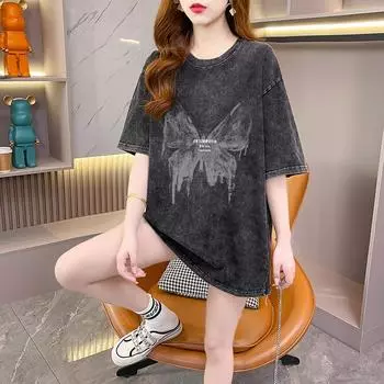 Женская хлопковая футболка свободного кроя большого размера с ретро-принтом бабочки 3XL [Recommended: 85-100 kg]