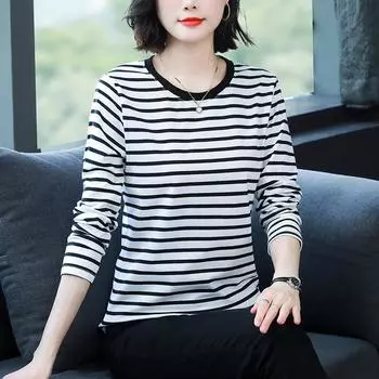 Женская хлопковая футболка свободного кроя с длинными рукавами в черно-белую полоску - Коллекция осень 2024 5XL (suggested for 92-100kg)