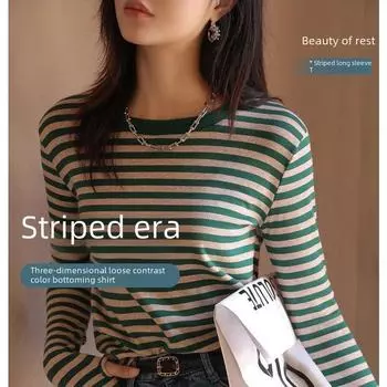 Женская хлопковая футболка свободного кроя с длинными рукавами в ретро-стиле в полоску на весну и осень 2025 г.