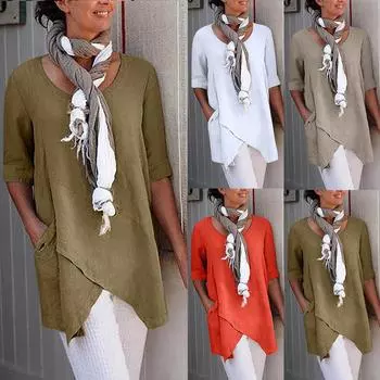 Женская хлопковая и льняная блузка с коротким рукавом с коротким рукавом, футболка с карманом L зелёный