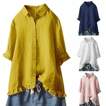 Женская хлопковая и льняная кружевная однотонная рубашка на пуговицах с верхним краем и коротким рукавом M тёмно-синий