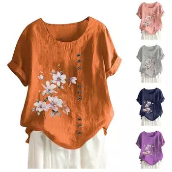 Женская хлопковая и льняная летняя и осенняя повседневная свободная футболка из хлопка и льна в стиле ретро с короткими рукавами в стиле ретро One size
