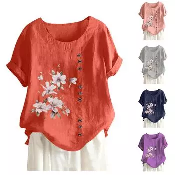 Женская хлопковая и льняная летняя и осенняя повседневная свободная футболка из хлопка и льна в стиле ретро с короткими рукавами в стиле ретро L