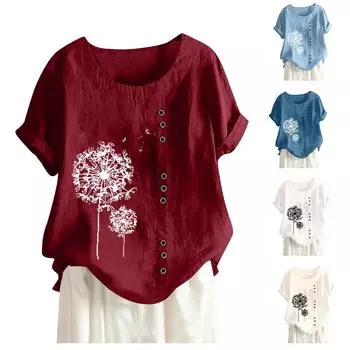 Женская хлопковая и льняная летняя и осенняя повседневная свободная футболка из хлопка и льна в стиле ретро с короткими рукавами в стиле ретро S