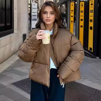 Женская хлопковая куртка 2024 зимняя женская однотонная утепленная теплая зимняя куртка женское повседневное короткое хлопковое пальто женская одежда M верблюд
