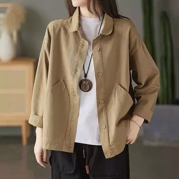 Женская хлопковая куртка осенняя короткая повседневная куртка на пуговицах свободная простая большая рубашка с длинным рукавом XXXL красный