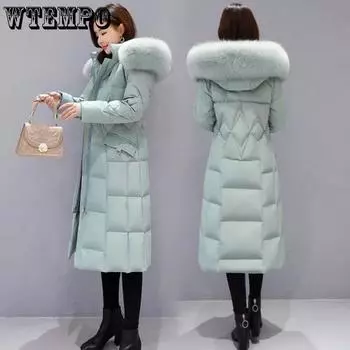 Женская хлопковая куртка-пуховик, длинная выше колена, модная, тонкая, с большим мохнатым воротником, в длинной части, утолщенная зимняя куртка M синий