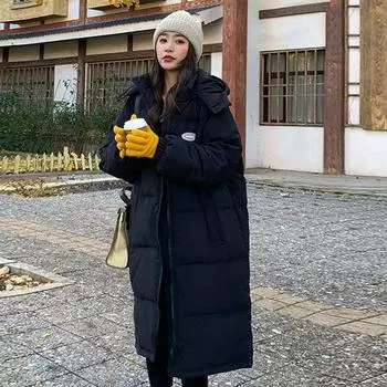 Женская хлопковая куртка-пуховик средней длины выше колена, ветровка, новая свободная зимняя куртка из хлопка для женщин, популярная утолщенная хлопковая куртка S чёрный