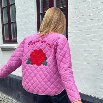 Женская хлопковая куртка с цветочным принтом на шнуровке, шикарный О-образный вырез, карман, длинное рукавное пальто, осень 2024 г., женская стеганая теплая верхняя одежда с подкладкой S розы красного