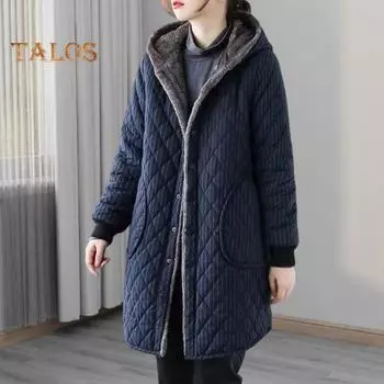 Женская хлопковая куртка с капюшоном, толстая плюшевая подкладка, длинные рукава, однобортная, с боковыми карманами, ветрозащитная, сохраняет тепло, средняя длина, повседневная одежда для отдыха на природе XL чёрный