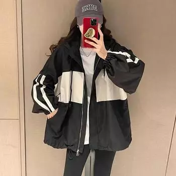 Женская хлопковая куртка с капюшоном в стиле колор-блок с верхом из хлопковой куртки S