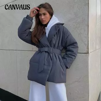 Женская хлопковая куртка с лацканами, зимняя утолщенная талия, хлопковая однотонная куртка с поясом S чёрный