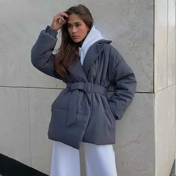 Женская хлопковая куртка с лацканами, зимняя утолщенная талия, хлопковая однотонная куртка с поясом S чёрный