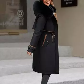 Женская хлопковая куртка, удлиненная до колена, съемная, зимняя куртка большого размера L чёрный