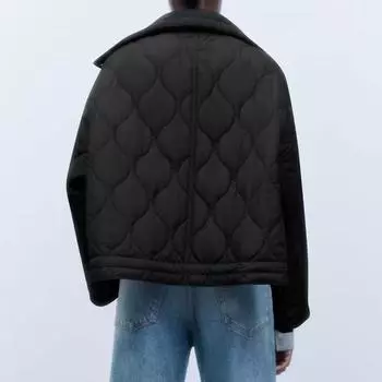 Женская хлопковая куртка в клетку с карманами и свободным воротником-стойкой, пальто XS чёрный