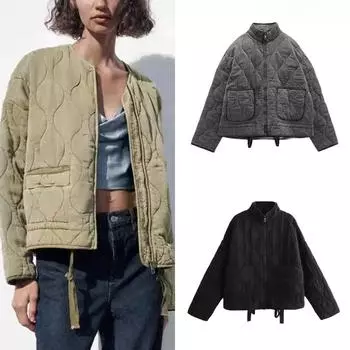 Женская хлопковая куртка в клетку с ромбами, с круглым вырезом, свободная, с длинным рукавом, на молнии, хлопковая куртка в винтажном уличном стиле, с карманом, теплый топ XS чёрный