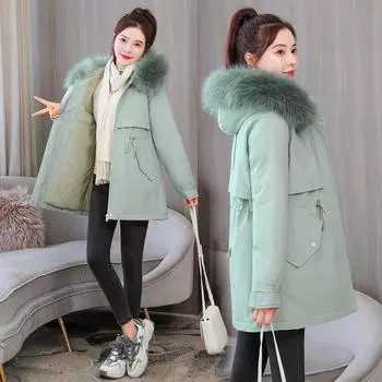 Женская хлопковая куртка, зимняя повседневная теплая и свободная куртка средней длины с большим меховым воротником M синий