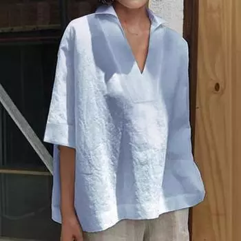 Женская хлопковая льняная блузка большого размера, топы, рубашки с коротким рукавом, повседневная одежда с V-образным вырезом и лацканами, однотонный топ S белый