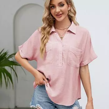 Женская хлопковая льняная блузка, черная, белая, розовая, с коротким рукавом, на пуговицах, с карманом и лацканом, с v-образным вырезом S розовый