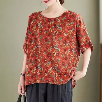 Женская хлопковая льняная блузка, одежда больших размеров, топы, рубашки с коротким рукавом, повседневная одежда больших размеров с круглым вырезом, топ с цветочным принтом One Size