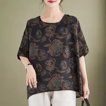 Женская хлопковая льняная блузка, одежда больших размеров, топы, рубашки с коротким рукавом, повседневная одежда больших размеров с круглым вырезом, топ с цветочным принтом One Size