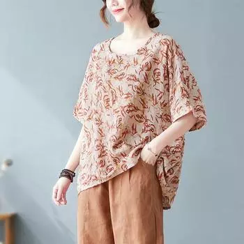 Женская хлопковая льняная блузка, одежда больших размеров, топы, рубашки с коротким рукавом, повседневная одежда больших размеров с круглым вырезом, топ с цветочным принтом One Size