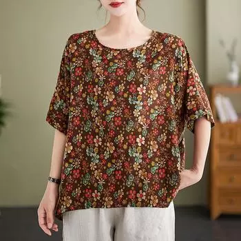 Женская хлопковая льняная блузка, одежда больших размеров, топы, рубашки с коротким рукавом, повседневная одежда больших размеров с круглым вырезом, топ с цветочным принтом One Size