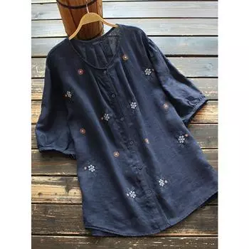 Женская хлопковая льняная блузка с цветочной вышивкой, рубашка на пуговицах с круглым вырезом и коротким рукавом, белый, синий, оранжевый топ S темно-синий