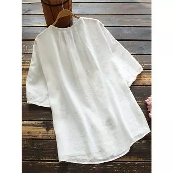 Женская хлопковая льняная блузка с цветочной вышивкой, рубашка на пуговицах с круглым вырезом и коротким рукавом, белый, синий, оранжевый топ S белый