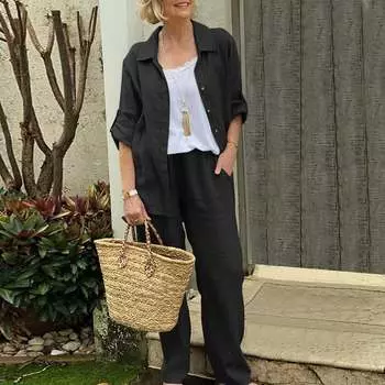 Женская хлопковая льняная блузка с карманами и лацканами, комплект из двух предметов, свободный комплект с широкими брюками, однотонный спортивный костюм больших размеров, наряды S серый