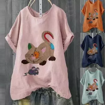 Женская хлопковая льняная блузка с коротким рукавом больших размеров, футболка с принтом