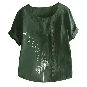 Женская хлопковая льняная блузка с коротким рукавом больших размеров, футболка с принтом