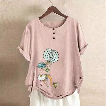 Женская хлопковая льняная блузка с коротким рукавом больших размеров, футболка с принтом