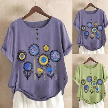 Женская хлопковая льняная блузка с коротким рукавом больших размеров, футболка с принтом
