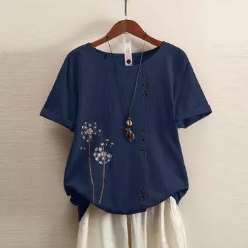 Женская хлопковая льняная футболка с цветочным принтом в стиле бохо, летняя свободная блузка с коротким рукавом, футболка