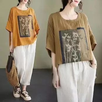 Женская хлопковая льняная футболка с винтажным принтом, свободная модная повседневная блузка с коротким рукавом, летняя одежда XXXXL