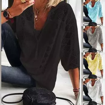 Женская хлопковая льняная кружевная блузка с U-образным вырезом, женские летние топы с рукавами 3/4, футболка S чёрный