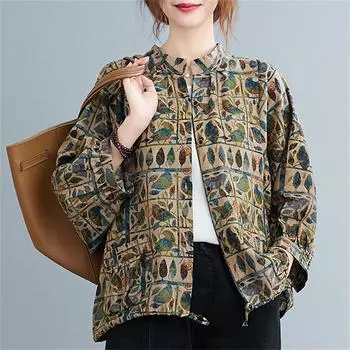 Женская хлопковая льняная литературная ретро-блузка с круглым вырезом и принтом L хаки