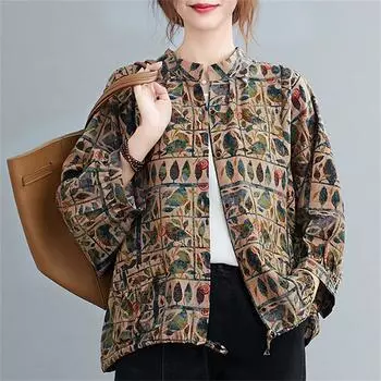 Женская хлопковая льняная литературная ретро-блузка с круглым вырезом и принтом XL хаки