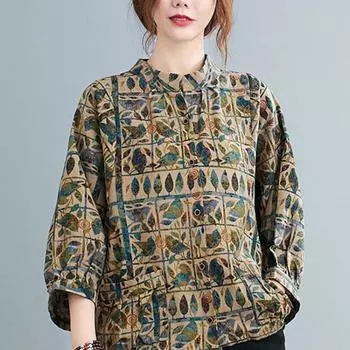 Женская хлопковая льняная литературная ретро-блузка с круглым вырезом и принтом L хаки
