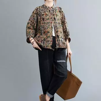 Женская хлопковая льняная литературная ретро-блузка с круглым вырезом и принтом L хаки