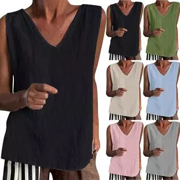 Женская хлопковая льняная майка с высоким воротом, повседневная, с V-образным вырезом, однотонная, без рукавов, летняя базовая хлопковая футболка без рукавов, Ropa De Mujer 4XL
