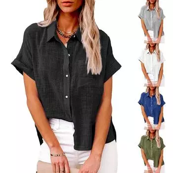 Женская хлопковая льняная повседневная блузка, женская футболка на пуговицах, топы с короткими рукавами, туника S белый