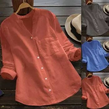 Женская хлопковая льняная повседневная однотонная рубашка с длинным рукавом, блузка на пуговицах, топы S серый